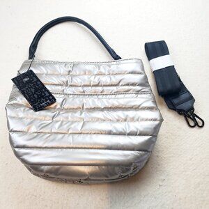 THINK ROYLN "U" Messenger Silver Quilted Puffy Shoulder Bag with Extra Strap